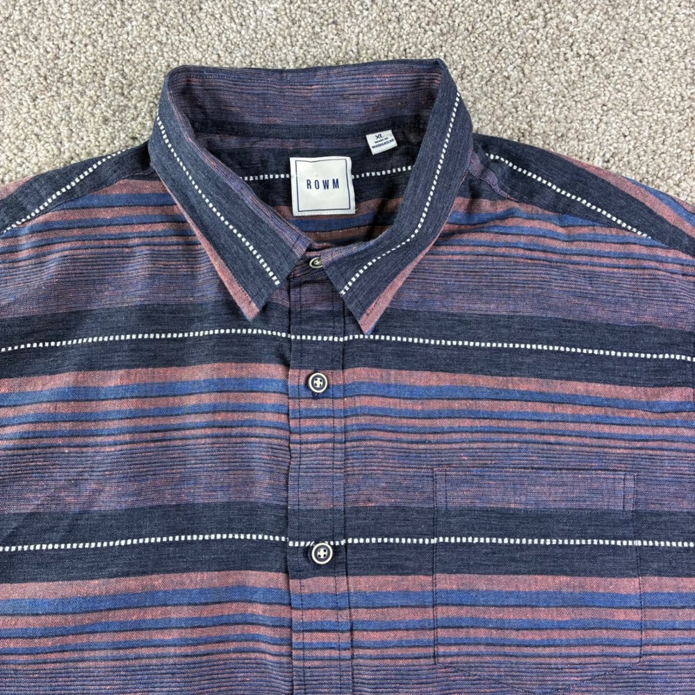 ROWM Striped Button Down Shirt Mens XL Blue Textured Earthy Lightweight